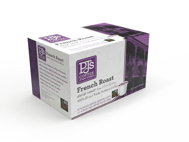 PJ's Coffee PJ's French Roast Single Serve Cups (12 Count), box of 12 dark roast coffee capsules for single-serve coffee makers.