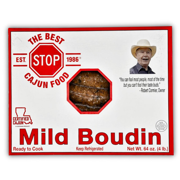 The Best Stop Mild Boudin 64oz, packaged in a white box with red accents, featuring a small window revealing the sausage inside, and a picture of a man with a cowboy hat along with a quote about taste buds.