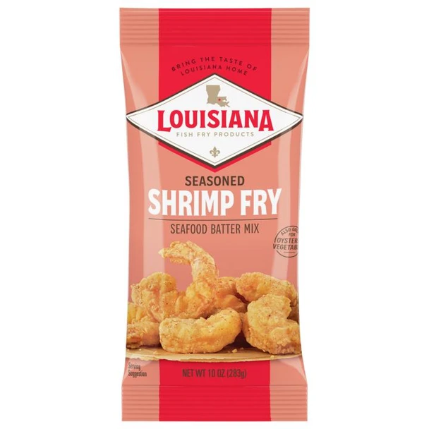 Louisiana Fish Fry Shrimp Fry 10oz, seasoned seafood batter mix with fried shrimp on the package.