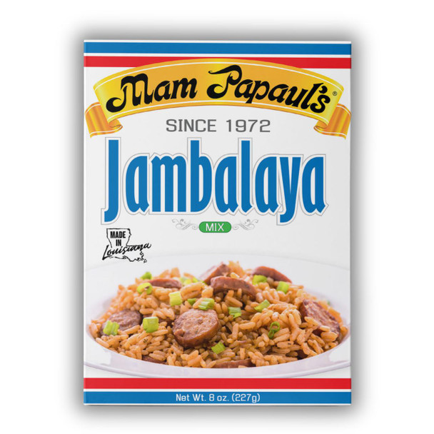 Mam Papaul's Jambalaya Mix 8.0oz, packaged in a box with an image of prepared jambalaya featuring sausage and rice garnished with green onions.