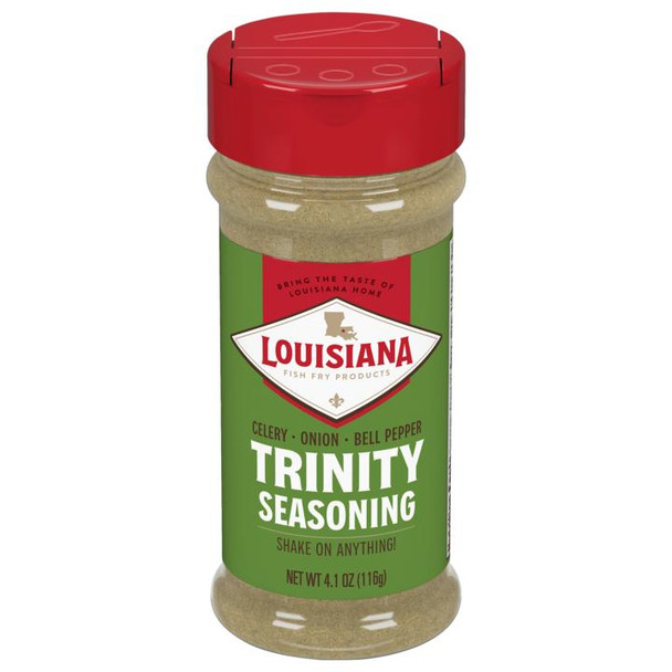 Louisiana Fish Fry Trinity Shake 4.1oz, spice blend in a green bottle with red cap, for seasoning celery, onion, and bell pepper.