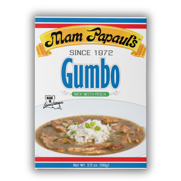 Mam Papaul's Gumbo with Roux Mix, packaged product for making traditional Louisiana gumbo with roux, 3.5 oz. (99g) net weight.