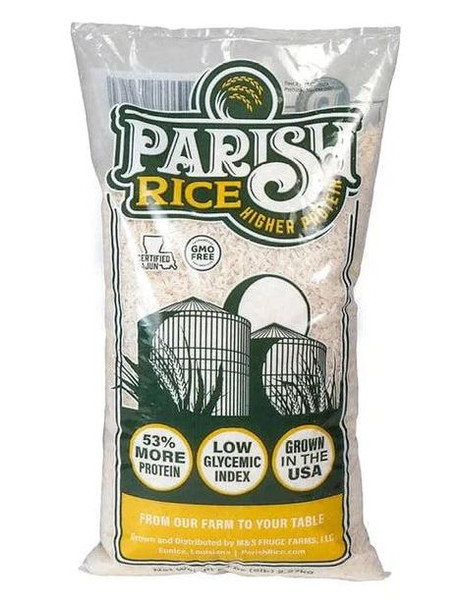 Parish Rice 5lb, image of a transparent plastic bag containing rice with green, yellow, and white labeling, featuring farm images and product benefits.