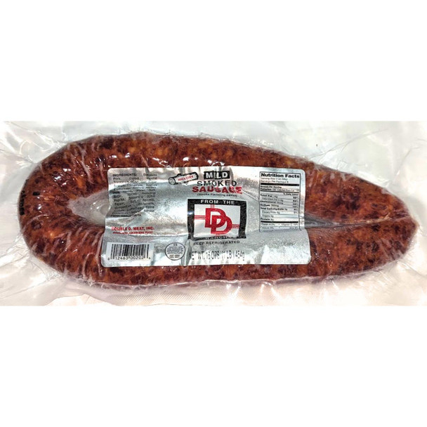 Double D Mild Hickory Smoked Sausage 1lb, vacuum-sealed smoked sausage with hickory flavor in plastic packaging.