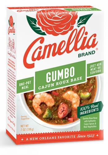Camellia Gumbo Cajun Roux Base, product packaging showing the brand name and an image of a prepared gumbo dish with shrimp and vegetables.