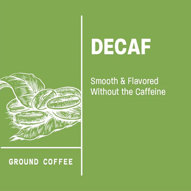 New Orleans Roast Decaffeinated 12oz Ground Coffee, green packaging with a white illustration of coffee beans and leaves, featuring text 'Decaf, Smooth & Flavored Without the Caffeine' and 'Ground Coffee'.