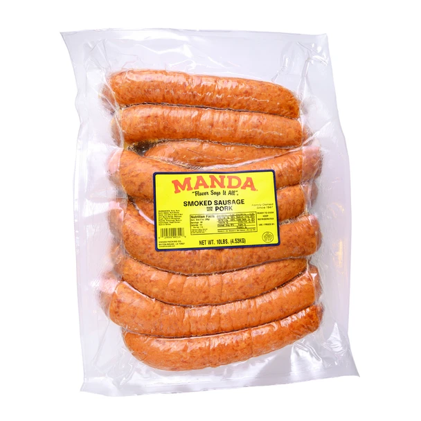 Manda Fine Meats Manda Mild Smoked Pork Sausage 10lb, package of smoked pork sausages in vacuum-sealed plastic.