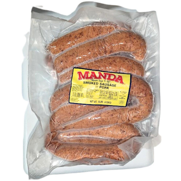 Manda Fine Meats Manda Mild Smoked Pork Sausage 10lb, package of smoked pork sausages in vacuum-sealed plastic.