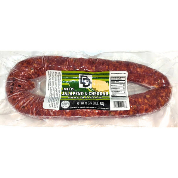 Double D Jalapeno & Cheese 1lb, smoked sausage with jalapenos and cheese inside, vacuum sealed in clear plastic packaging.