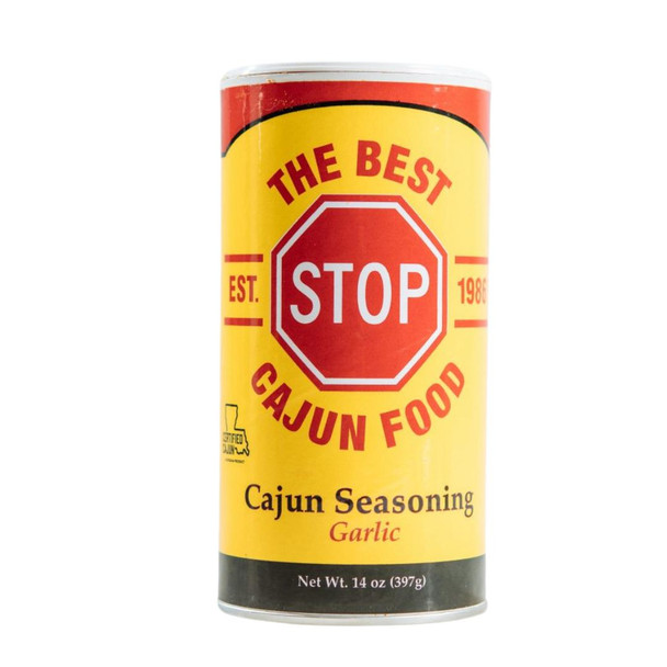 The Best Stop Garlic Cajun Seasoning 14oz, cylindrical container with yellow and red label featuring a stop sign graphic and bold text.
