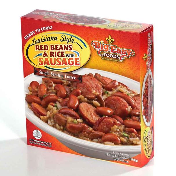 Big Easy Foods Red Beans & Sausage 12oz, packaged Louisiana style red beans and sausage in a bright red box with an image of the dish on a white plate.