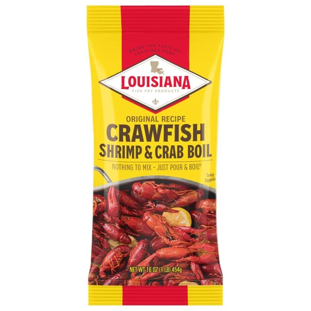 Louisiana Fish Fry Crawfish Crab & Shrimp Boil, 16oz packet with image of boiled crawfish, crab, and shrimp.