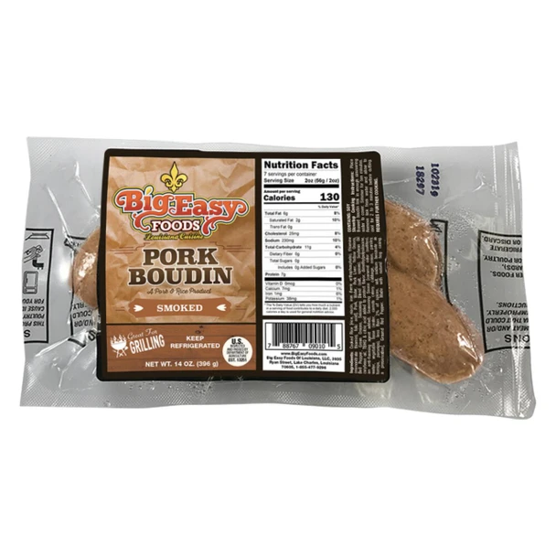 Big Easy Foods Pork Boudin, smoked pork and rice product in transparent plastic packaging.