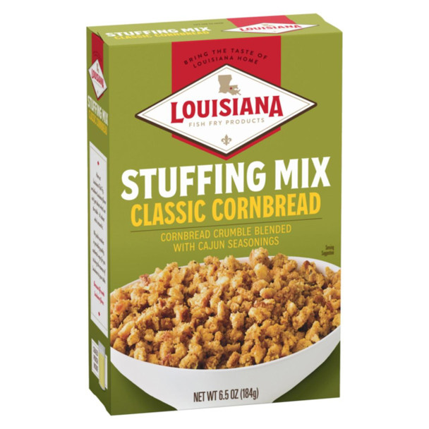 Louisiana Fish Fry Stuffing Mix Classic Cornbread, 6.5oz box with a picture of seasoned cornbread stuffing in a white bowl on the front.