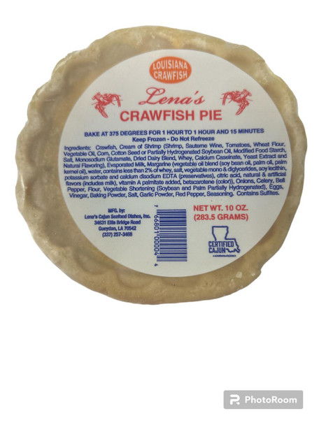 Lena's Crawfish Pie 10.2oz, packaged Louisiana crawfish pie with a round shape and detailed label showing ingredients and nutritional info.
