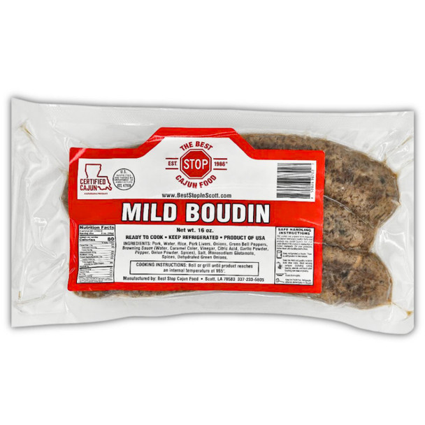 The Best Stop Mild Boudin 16oz, packaged Cajun sausage with visible herbs and spices in a clear vacuum-sealed plastic bag.