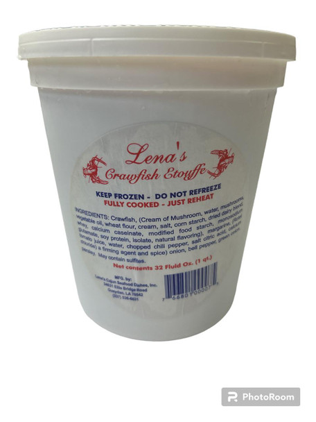 Lena's Crawfish Étouffée 32oz, white plastic container with label detailing ingredients and instructions for reheating, featuring red and blue text and crawling lobster illustrations.