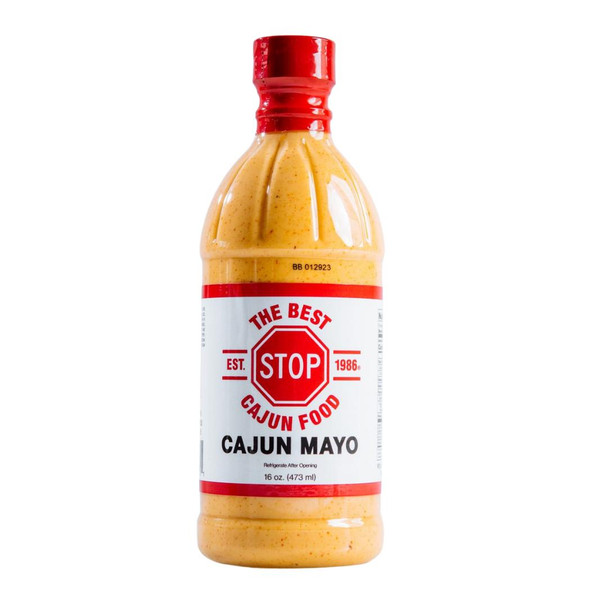 The Best Stop Cajun Mayo 16oz, bottle of spicy Cajun flavored mayonnaise with a white and red label.