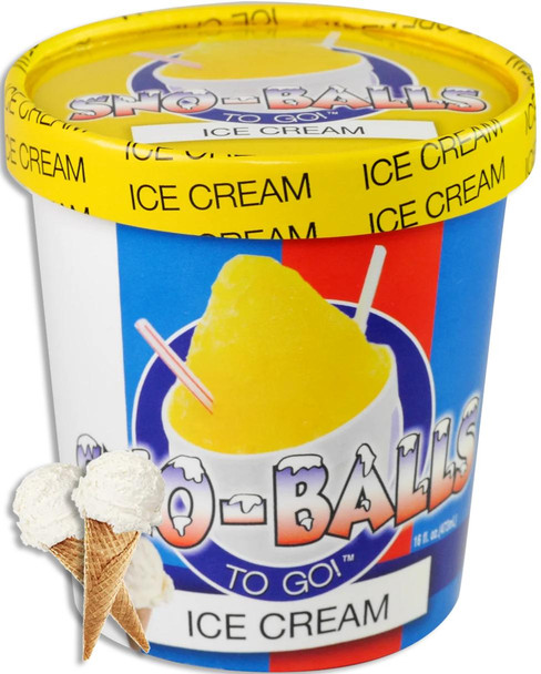 Sno-Balls To Go - Ice Cream - 16oz Pint, yellow lid with black 'Ice Cream' text, colorful label with an illustration of a shaved ice dessert in a cup with a straw, and a small image of ice cream cones with scoops of vanilla ice cream.