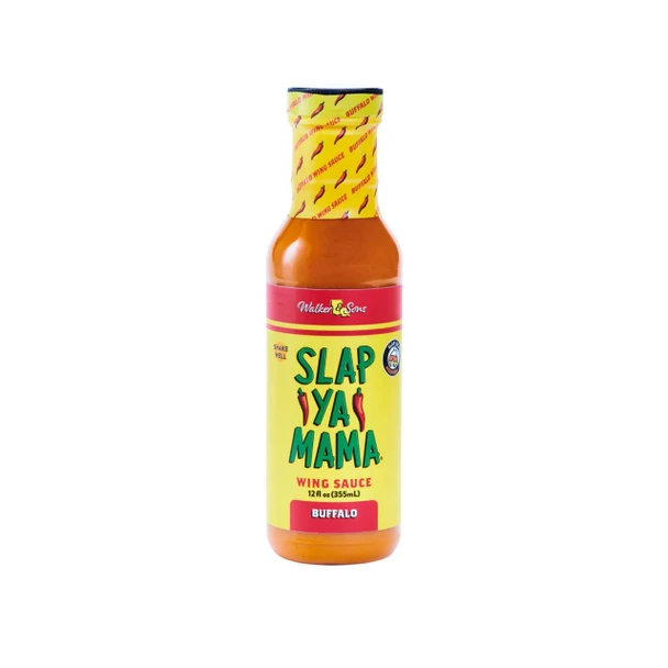 Slap Ya Mama Wing Sauce Buffalo 12oz, a bottle of spicy buffalo wing sauce with a bright yellow label and red accents.