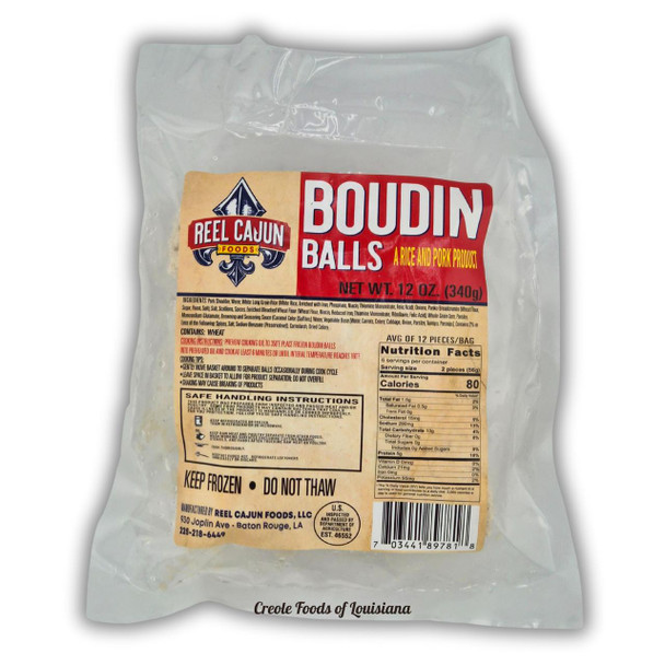 Reel Cajun Boudin Balls 12oz, packaged French-style rice and pork balls in a clear plastic bag with a label.