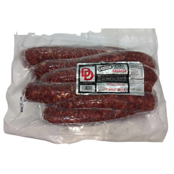 Double D Smoked Sausage 5lb, vacuum-sealed package of five smoked sausages with a label showing product details and nutritional facts.