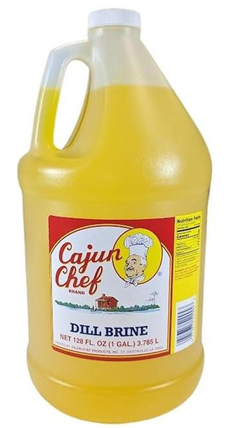 Cajun Chef Pickle Juice - 1 Gallon, large yellow bottle of pickle juice with a red, white, and yellow label featuring a chef cartoon and the product name.