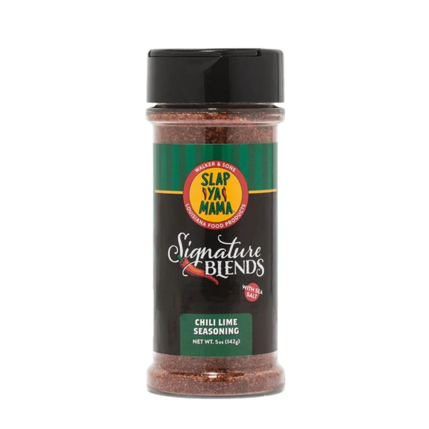 Slap Ya Mama Signature Blend Chili Lime Seasoning 5oz, a black spice jar with green and red label displaying the brand and flavor, containing chili lime seasoning with sea salt.