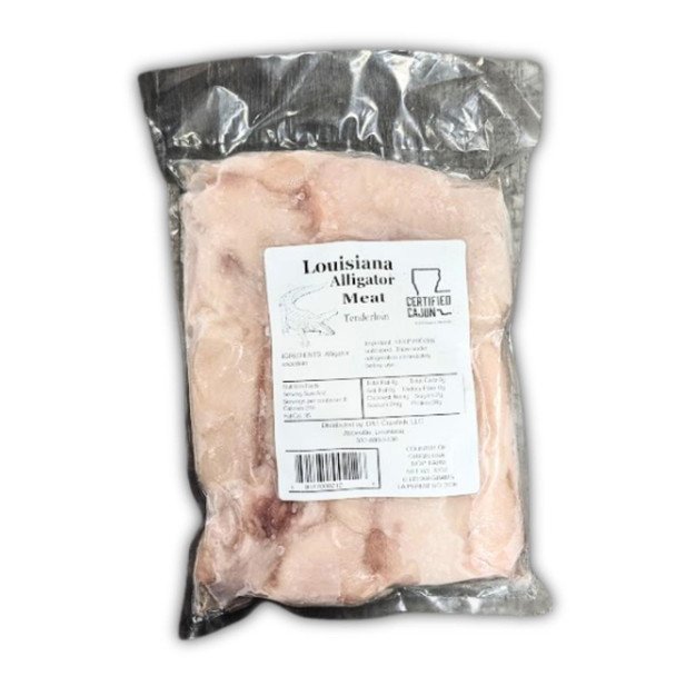 Alligator Tenderloins 2lb, packaged alligator meat in vacuum-sealed plastic bag with label for Louisiana Alligator Meat.