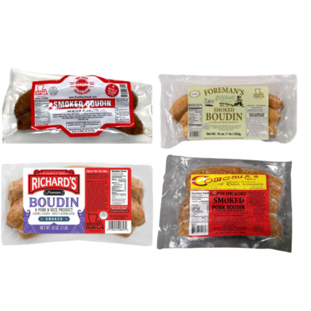 Smoked Boudin Sampler Kit, a collection of four packages of smoked boudin from different brands, including cured sausage links with various labels and packaging styles.