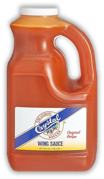 Crystal Wing Sauce Gallon, large orange plastic container with handle and white screw cap, labeled with Crystal Sauces branding and Wing Sauce description.