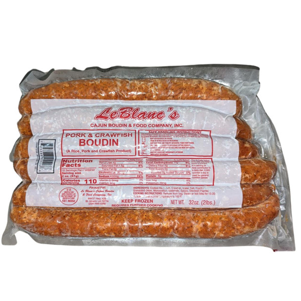 LeBlanc Crawfish & Pork Boudin 2lb, packaged Cajun-style pork and crawfish boudin sausage in vacuum-sealed plastic