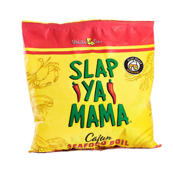 Slap Ya Mama Cajun Seafood Boil 4lb, yellow and red seasoning packet featuring illustrations of seafood such as crab and shrimp, with bold green and red text highlighting the product's name and flavor.