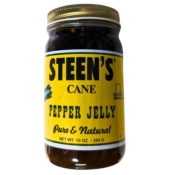 Steen's Pepper Jelly 10oz, jar of spicy and flavorful pepper jelly with a yellow label and black lid.