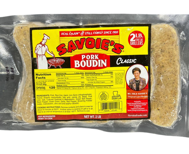 Savoie's Classic Pork Boudin 2lb, packaged raw pork sausage in clear vacuum-sealed plastic, yellow and red label with chef illustration and product information.