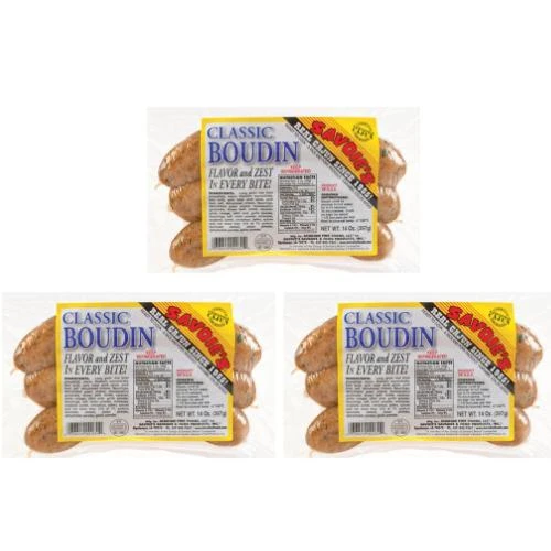 Savoie's Classic Boudin, pack of 3 with label showing flavor details and net weight, ready for shipping.