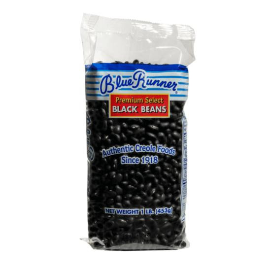 Blue Runner Dry Black Beans 1lb, package of fresh black beans in a clear plastic bag with blue and red label design.
