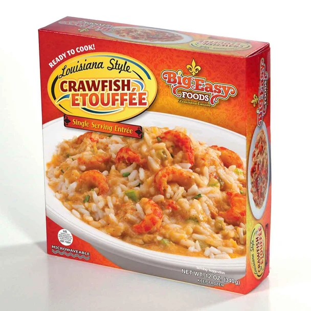 Big Easy Foods Crawfish Etouffee 12oz, ready-to-cook Louisiana-style crawfish etouffee in a red box with an image of the cooked dish