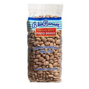 Blue Runner Dry Pinto Beans, a 1lb bag of premium select pinto beans in a clear plastic package with blue and red labeling.