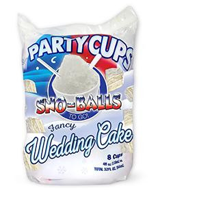 Sno-Balls To Go - Wedding Cake Party Pack - 8x 4oz cups, featuring a white bag with colorful branding and imagery of sweet treats for a wedding celebration.
