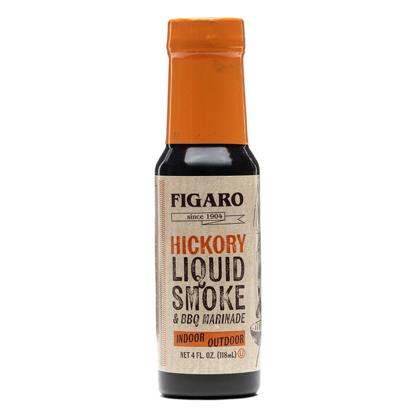 Figaro Louisiana's Hickory Liquid Smoke & BBQ Marinade 4oz, close-up of the bottle with a beige label and orange cap, showcasing its authentic smoky flavor for grilling and barbecuing.