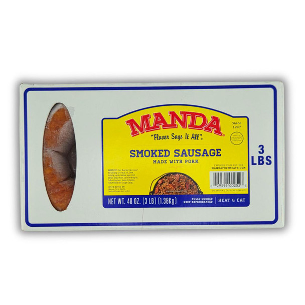 Manda Mild Smoked Sausage 3lb Loops, packaged smoked sausages made with pork in a box with a window showing the sausages inside.