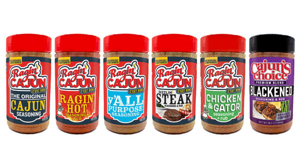Ragin Cajun Ragin' Cajun 'SIZZLIN' 6 PACK' Seasonings Variety, six spice jars with different Cajun seasoning blends including Original Cajun, Ragin Hot, Y'all Purpose, Steak, Chicken & Gator, and Blackened seasoning, each with colorful labels.