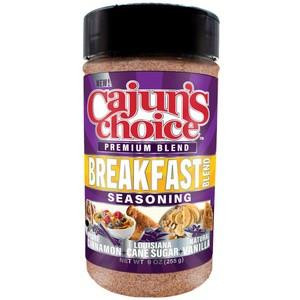 Cajun's Choice Breakfast Blend Seasoning, 9 oz, spice blend with Louisiana spices, cane sugar, and vanilla for flavorful breakfast dishes.