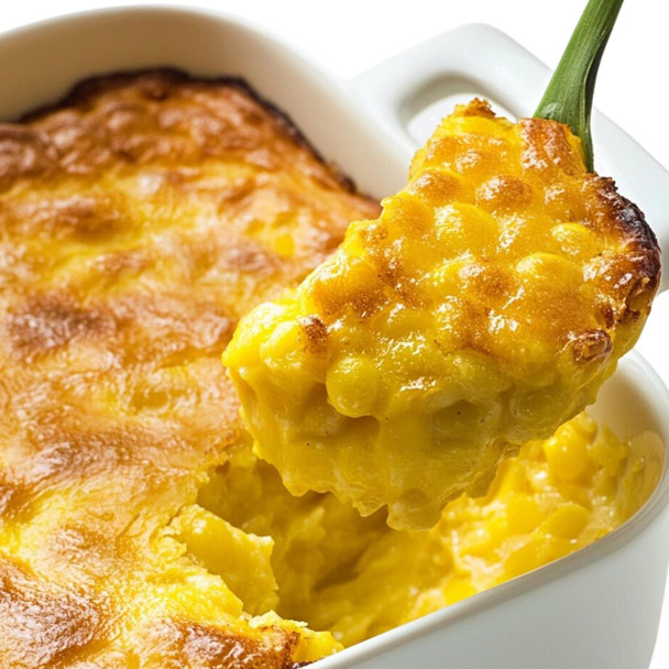 King Creole Corn Pudding 4lb, a close-up of creamy, cheesy corn pudding served in a white dish with a spoonful showing its rich texture and golden color.