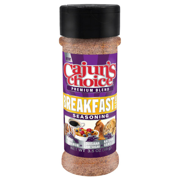 Cajun's Choice Breakfast Blend Seasoning 3.5 oz, a cylindrical spice bottle with a black lid, purple label featuring images of breakfast foods and flavors of cinnamon, cane sugar, vanilla, and Louisiana seasoning.