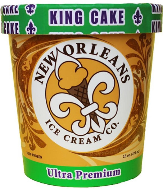 New Orleans Ice Cream - King Cake - 16oz Pint, yellow ice cream tub with a green lid and festive design, featuring a logo with an ice cream cone and fleur-de-lis symbols.