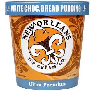 New Orleans Ice Cream - White Chocolate Bread Pudding, 16oz pint container with an ornate label featuring a fleur-de-lis and ice cream cone graphic.