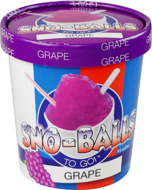 Sno-Balls To Go - Grape - 16oz Pint, colorful ice treat with grape flavor and purple exterior in a purple, blue, and red container with a grape graphic.