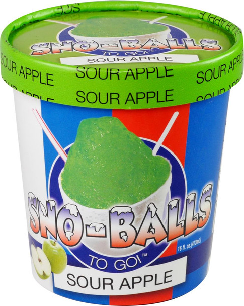 Sno-Balls To Go - Sour Apple - 16oz Pint, green sour apple flavored snow cone in a blue and red paper cup with colorful branding and a small image of a green apple.